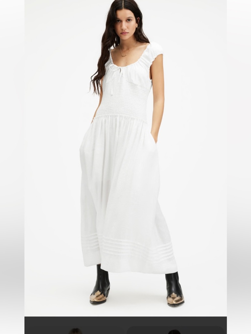 All Saints  Eliza White Maxi Dress with Smocked Bodice